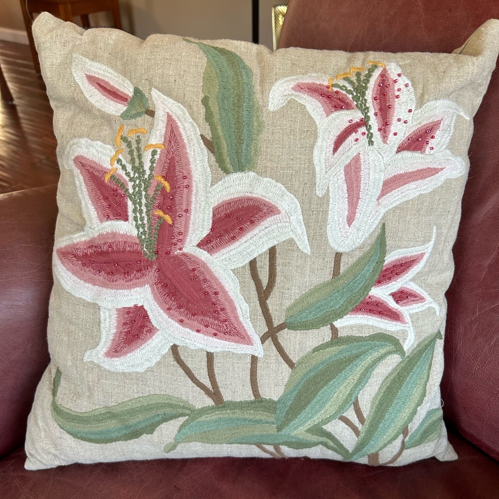 Pier One Floral Embroidered Lily Throw Pillow New Never Used
